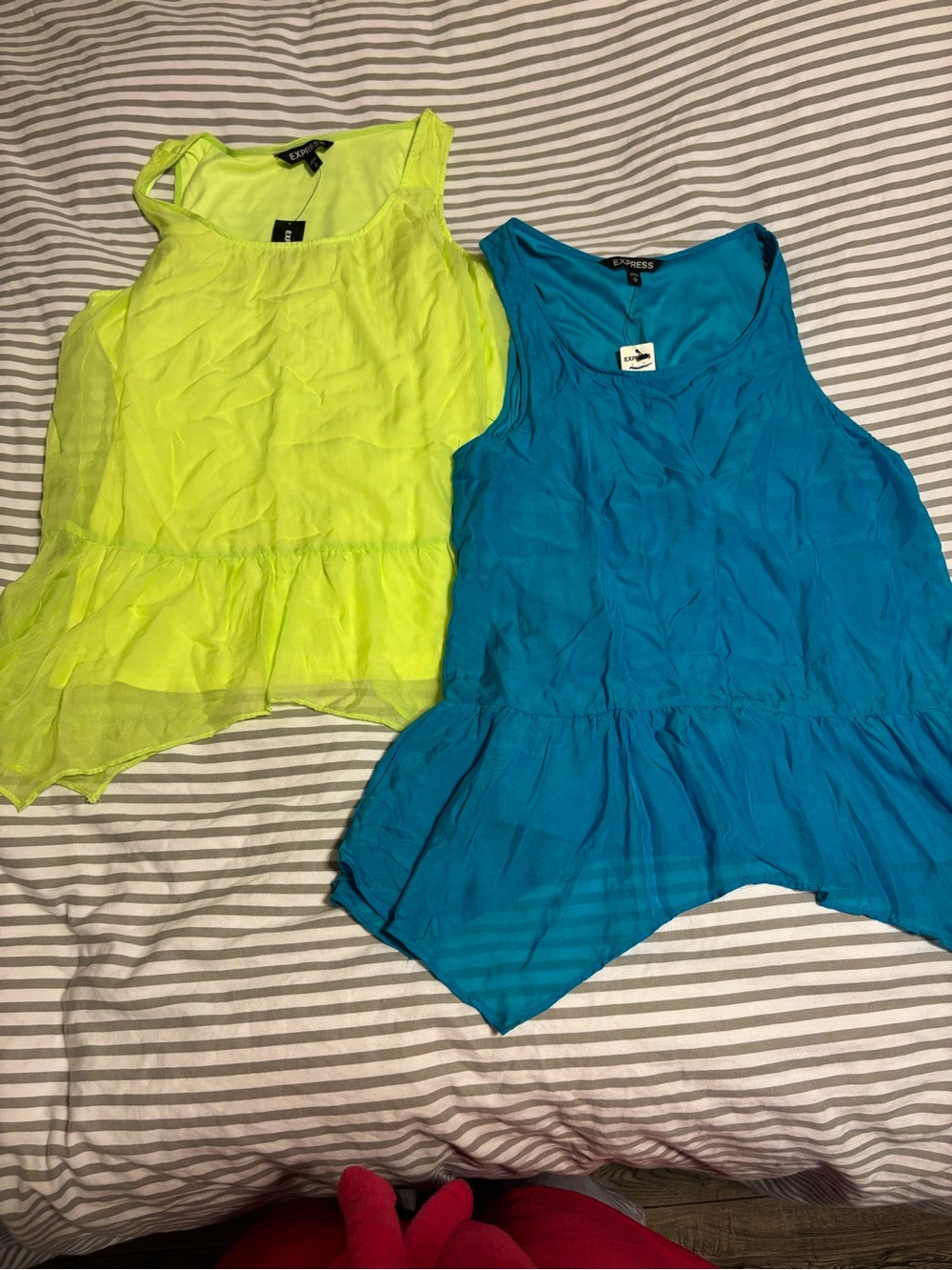 NWT. Express Neon Yellow & Teal Peplum Tank Tops set of 2.